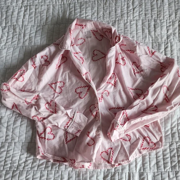 Pink Victoria Secret Candy Cane Christmas Button Up Pajama Shirt